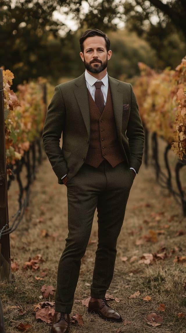 Green Suit - A warm earth-toned suit with a coordinating waistcoat for added sophistication.
